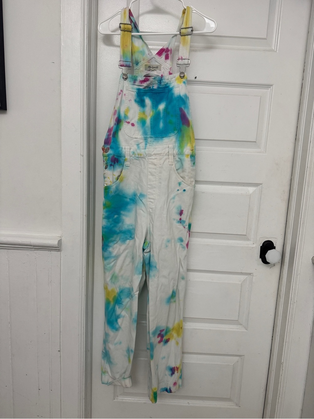 Madewell White Tie-Dye Cotton Overalls with Blue, Yellow & Pink Accents